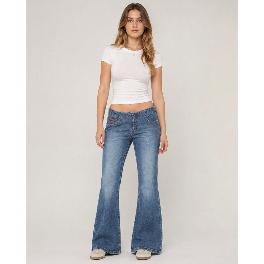 Rock Revival Womens Size 7 Y2K Low Rise Flare Jeans Blue Orange Stitch Korea